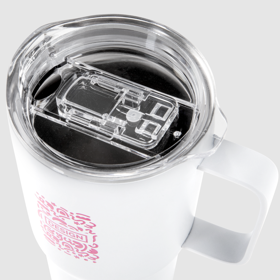  Vakuumisolierter XL-Edelstahlbecher à 600 ml mit Tampondruck, Deckel und Griff in der Detailansicht