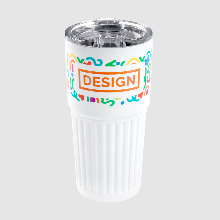 Weißer vakuumisolierter XL-Edelstahlbecher à 600 ml rundum bedruckt per UV-LED-Druck