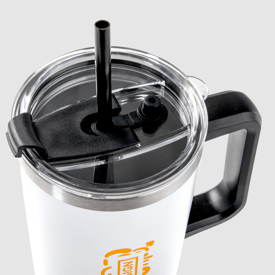 Vakuumisolierter XXL-Edelstahlbecher à 1200 ml mit Tampondruck, Strohhalm und Deckel
