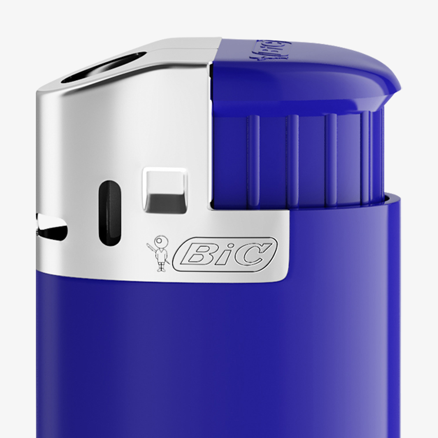 Detailansicht eines blauen Standard-Elektro-Feuerzeugs von BIC, individuell bedruckbar