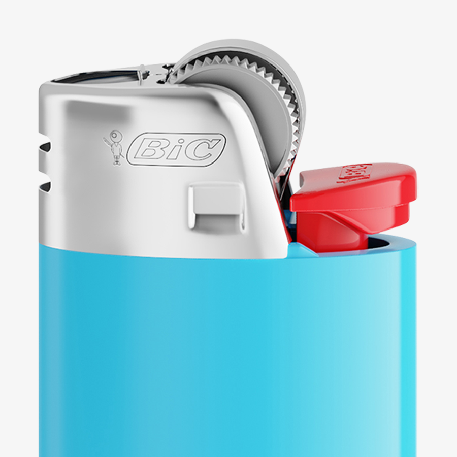 Detailansicht eines blauen Premium-Reibradfeuerzeuges von BIC, individuell bedruckbar