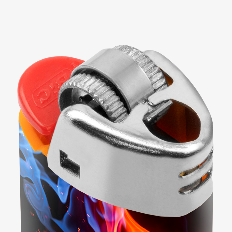 Detailansicht eines Premium-Reibradfeuerzeuges von BIC mit rundum vollfarbigem Digitaldruck