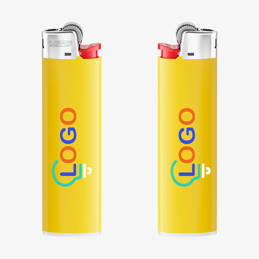 Gelbes Slim-Reibradfeuerzeug von BIC mit vierfarbigem Siebdruck auf Vorder- und Rückseite 