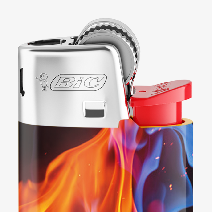 Detailansicht eines Slim-Reibradfeuerzeuges von BIC mit rundum vollfarbigem Digitaldruck