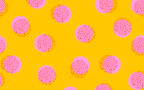 Bild im Risografiestil mit Korn, Passerungenauigkeiten, rosa Pünktchen und orangenem Hintergrund