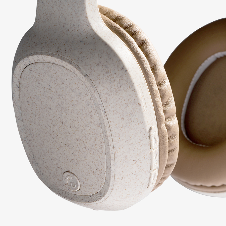 Detailansicht unveredelter Bluetooth-On-Ear-Kopfhörer aus Weizenfaser mit FM-Radio