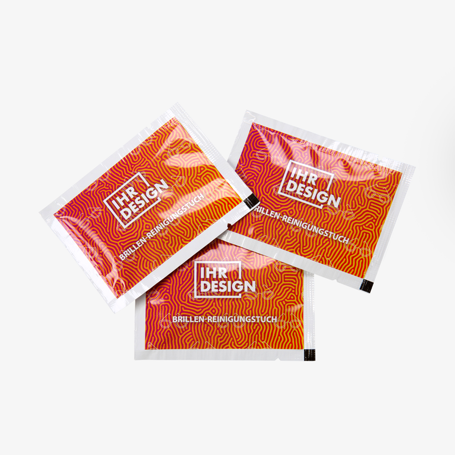 Individiduell bedruckte, 8 x 6 cm große Sachets mit feuchten Brillen-Reinigungstüchern
