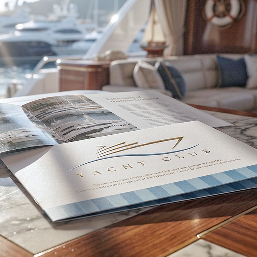 Zwei weiße Broschüren mit Drahtheftung und Veredelung zum Thema Yacht Club