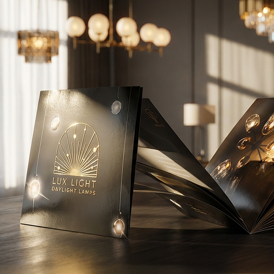 Drei schwarze, quadratische Broschüren mit goldenem Relieflack