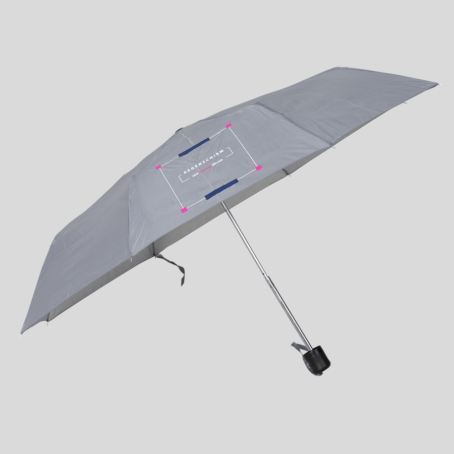 Geöffneter, grauer Budget-Taschenschirm mit 4/0-farbigem Druck auf einem Schirmsegment