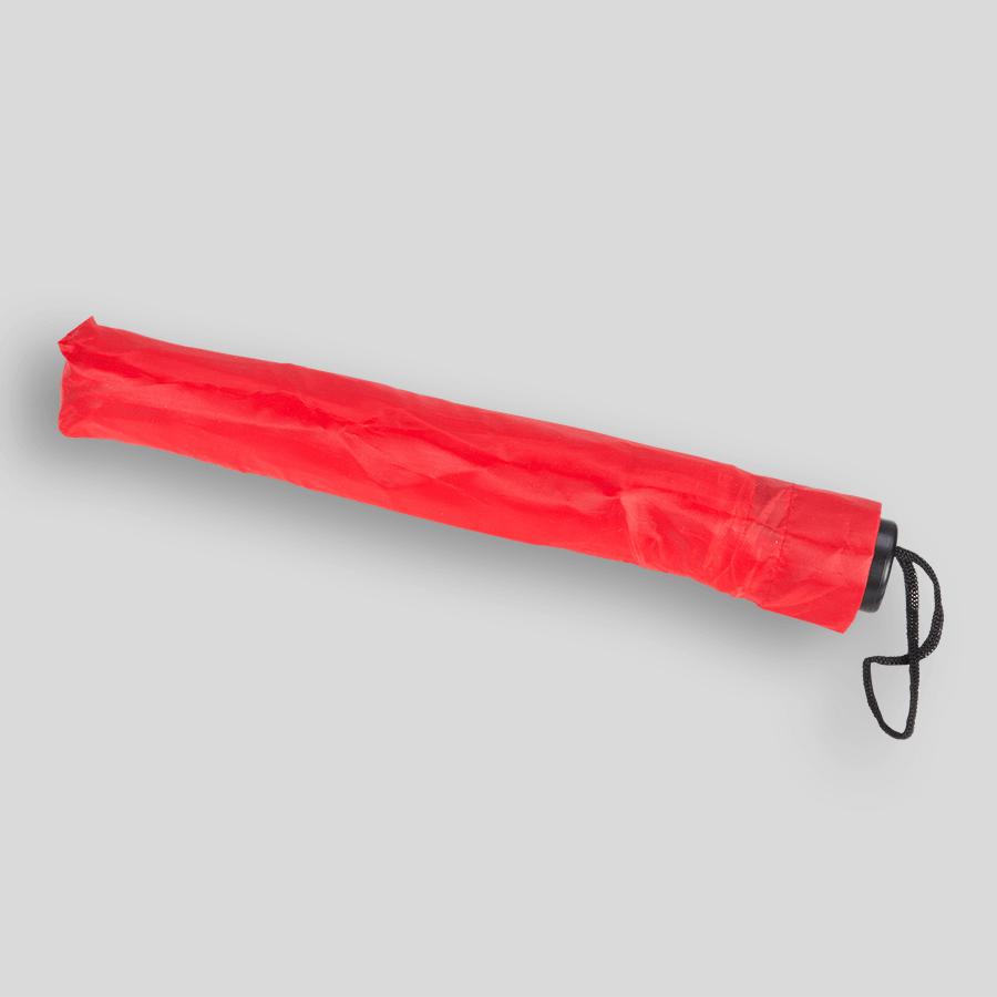 Geschlossener Budget-Taschenschirm in roter Hülle, personalisierbarer und vollfarbiger Druck möglich