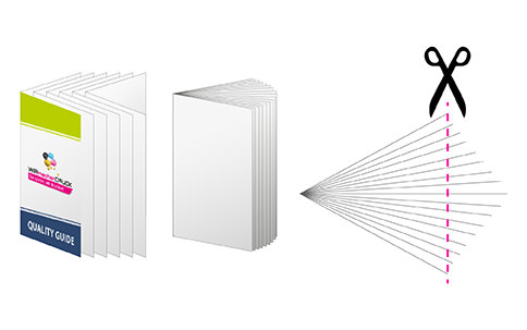 Bundzuwachs bei einer mehrseitigen Broschüre inklusive markierte Stellen des Frontbeschnitts
