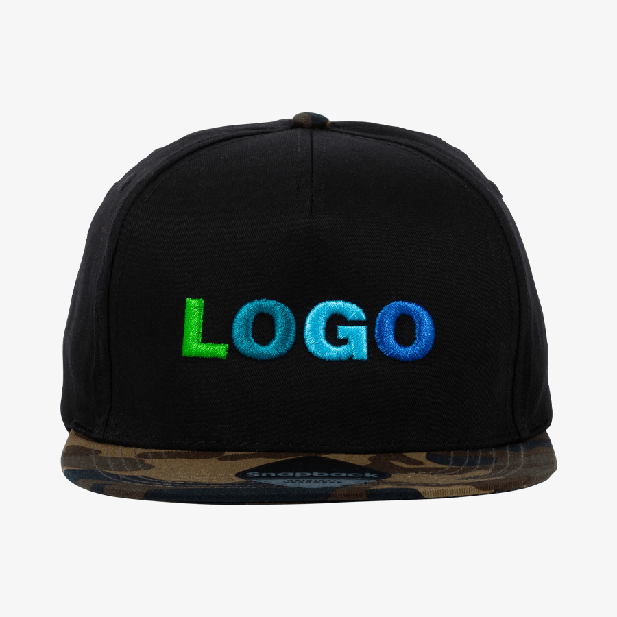 Schwarze Snapback-Camo-Cap mit 3D-Stickerei und Camouflage-Einsatz