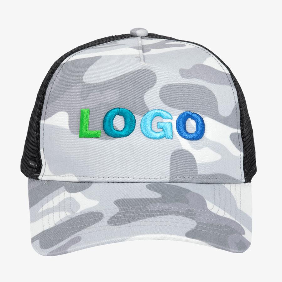 Trucker-Camo-Snapback-Cap in Grau-Schwarz mit 3D-Stickerei und Mesh-Einsätzen