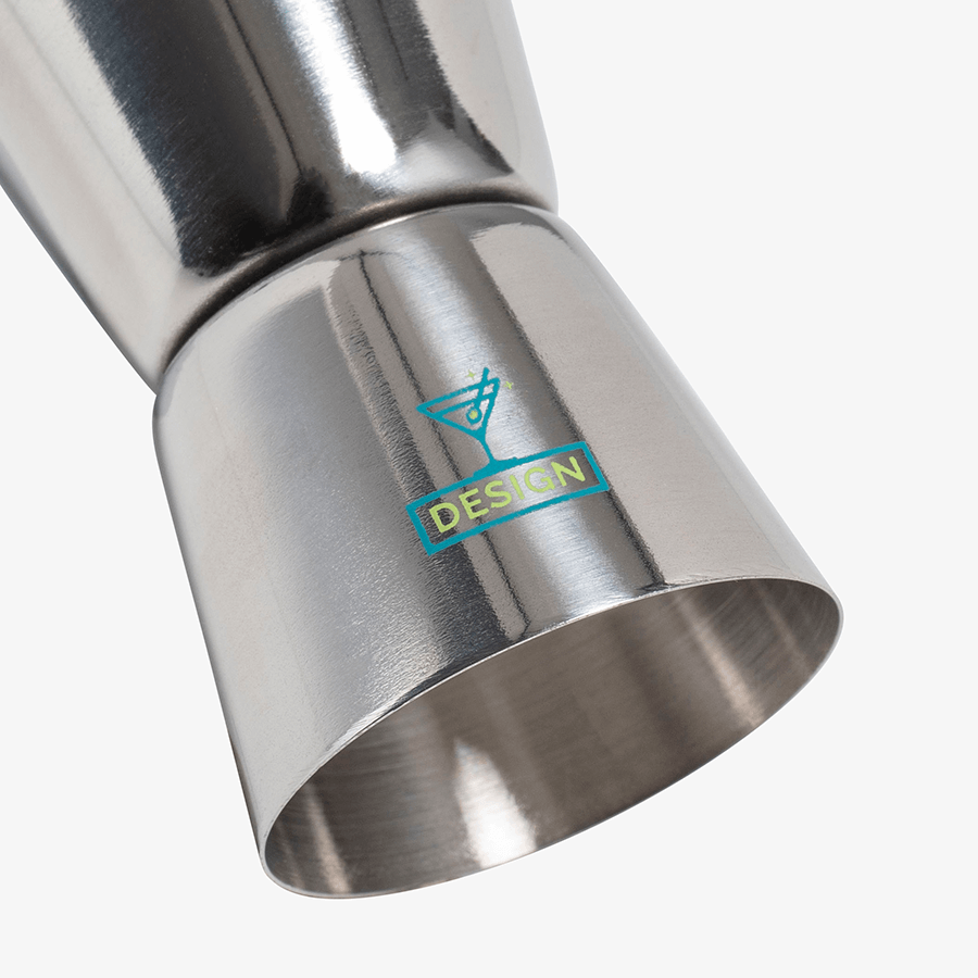 Cocktailmessbecher aus Edelstahl mit zweifarbigem Tampondruck auf der Unterseite