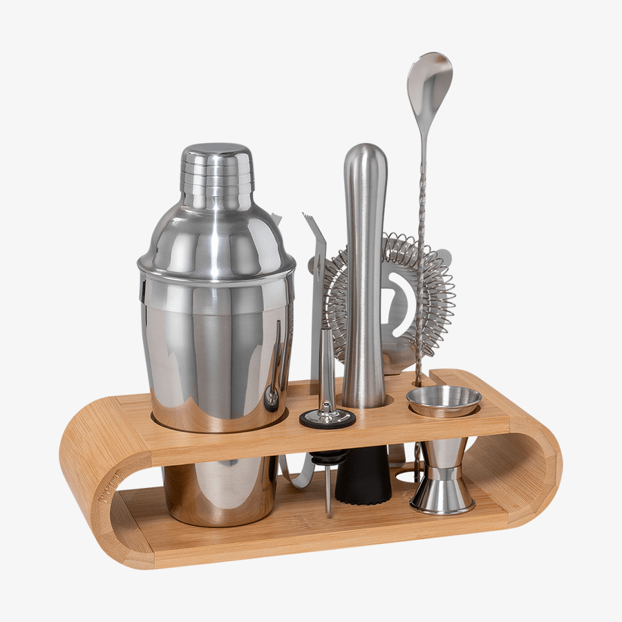 7-teiliges Cocktailset im eleganten Bambushalter, wahlweise individualisierbar mittels Tampondruck oder Lasergravur