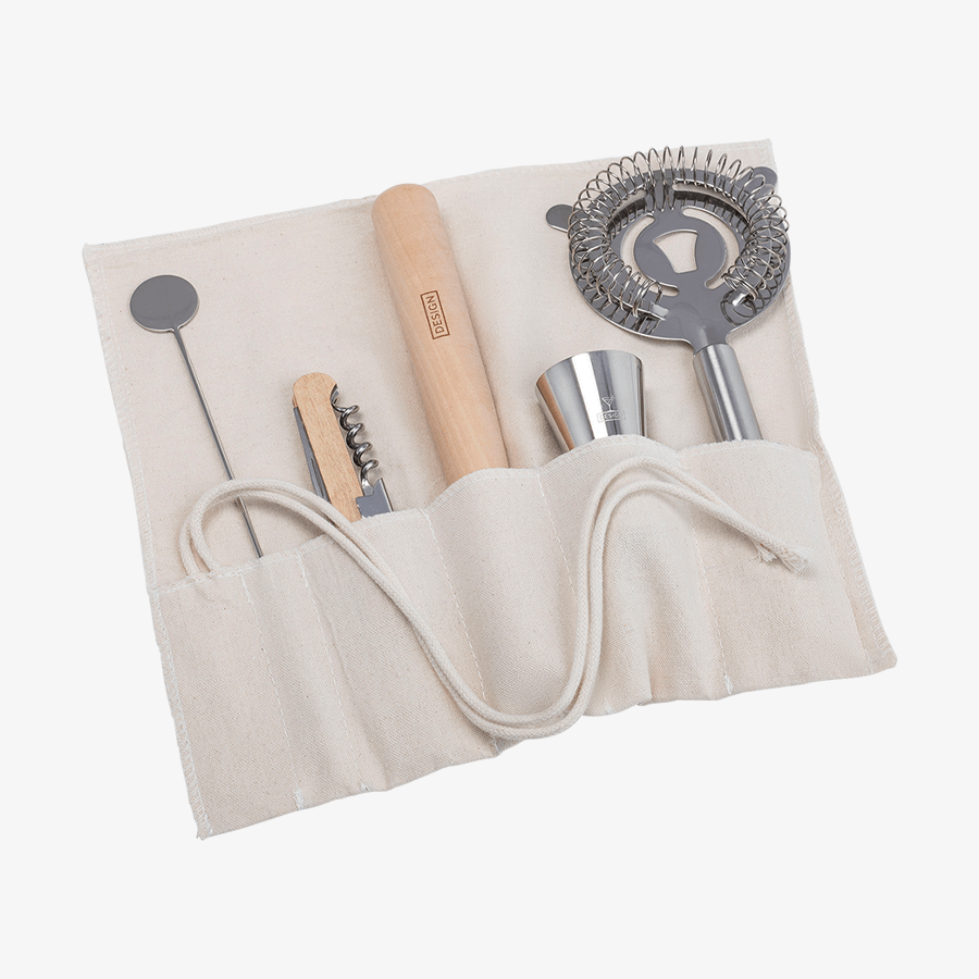 5-teiliges Cocktailset im praktischem Rollbeutel mit Messbecher, Barsieb, Barlöffel, Stößel & Flaschenöffner