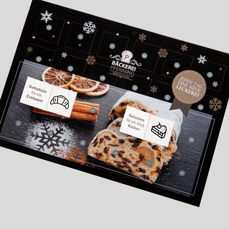 Individueller Couponkalender mit 24 beidseitig bedruckbaren und abtrennbaren Türchen