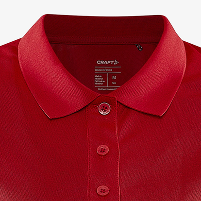 Detailansicht rotes Damen-Poloshirt von Craft mit Kragen und Knopfleiste