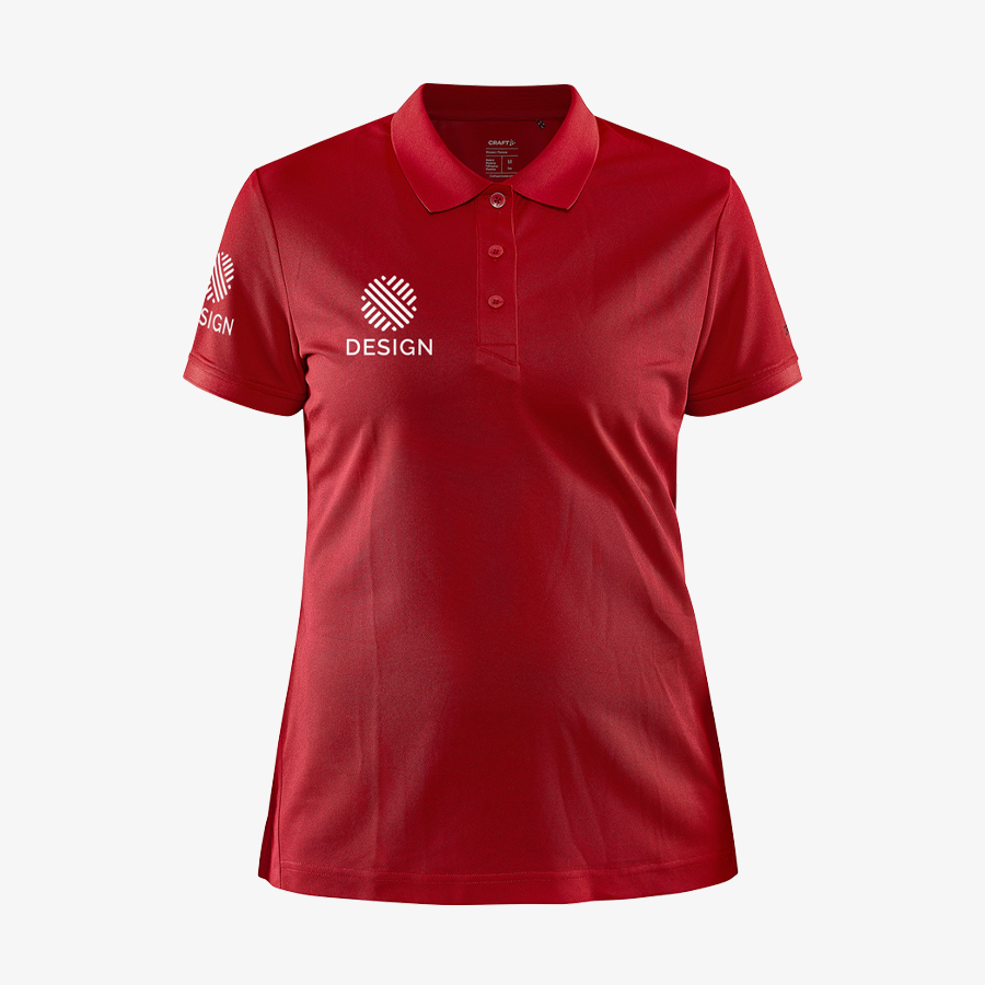Rotes Craft-Poloshirt für Damen, auf Brust und Ärmel individuell bedruckt
