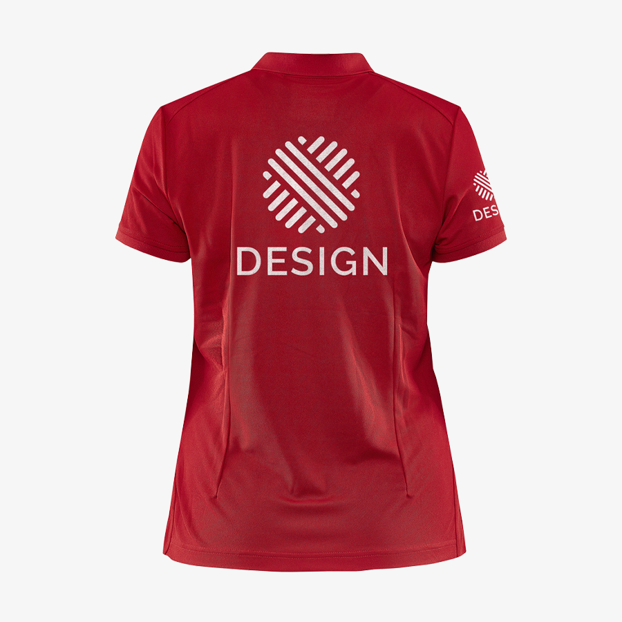 Rotes Craft-Poloshirt für Damen, mit Ihrem Design auf dem Rücken und dem Ärmel