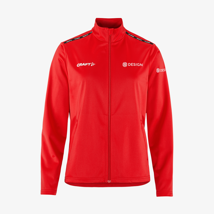 Rote Craft-Trainingsjacke für Damen, auf Brust und Ärmel individuell bedruckt
