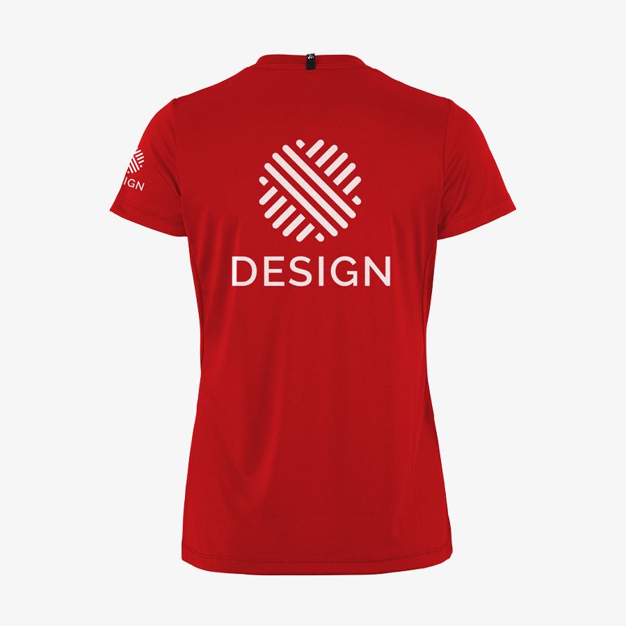 Rückseite eines roten Craft-Trikots für Damen, an zwei Positionen bedruckt