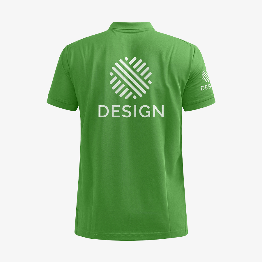Rückseite eines grünen Herren-Poloshirts von Craft, individueller Druck hinten und am Ärmel