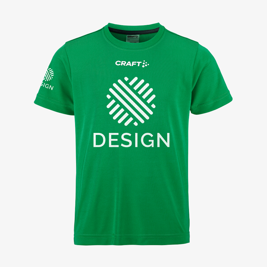 Grünes Craft-T-Shirt für Kinder, vorne und am Ärmel mit Digitaltransferdruck