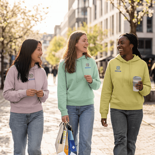 3 Frauen in personalisierten Stanley/Stella-Hoodies gehen durch die Stadt