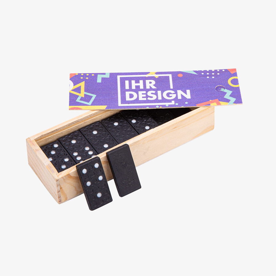 Klassisches Dominospiel in Holzbox mit vollfarbig bedrucktem Deckel