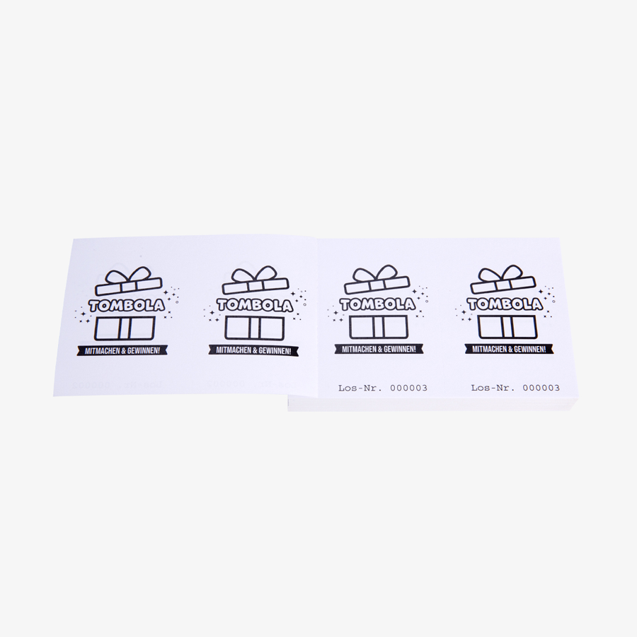 Individuell bedruckter Doppellos-Block, 1/1-farbig bedruckt, aufgeklappt, auf weißem Papier