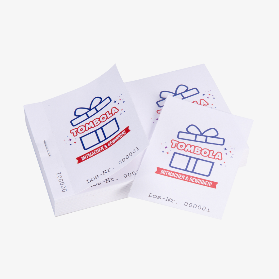 Drei individuell bedruckte Doppellos-Blöcke, 4-farbig bedruckt, auf weißem Papier