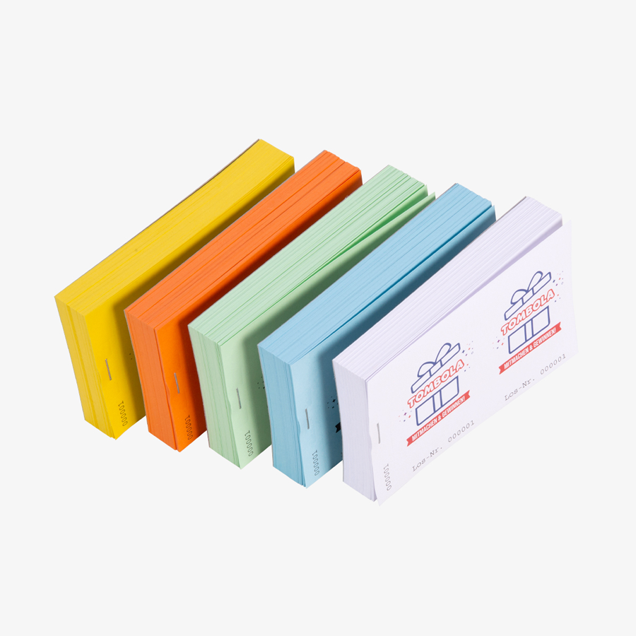 Doppellos-Blöcke aus grünem, gelbem, orangefarbenem, blauem & weißem Papier, 4-farbig bedruckt