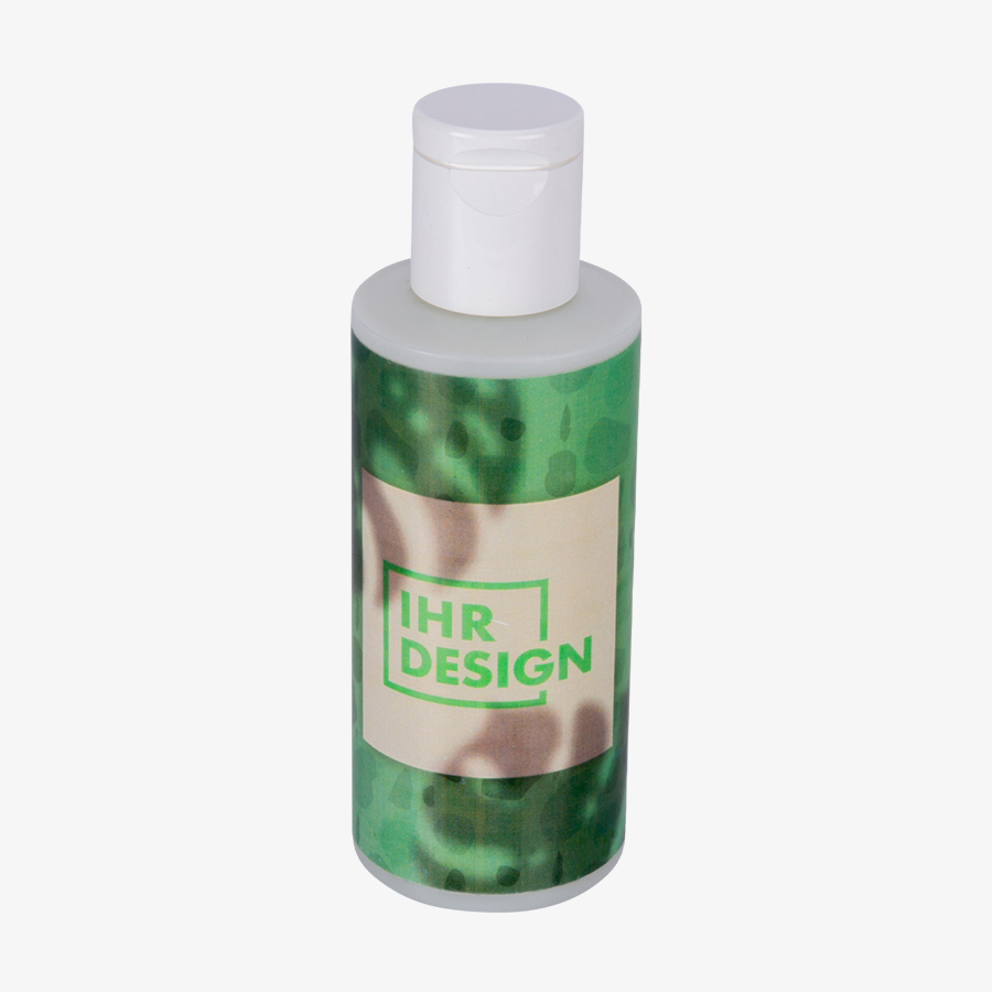 Pflegendes Duschgel in Kunststoff-Fläschchen mit individuell bedrucktem Etikett