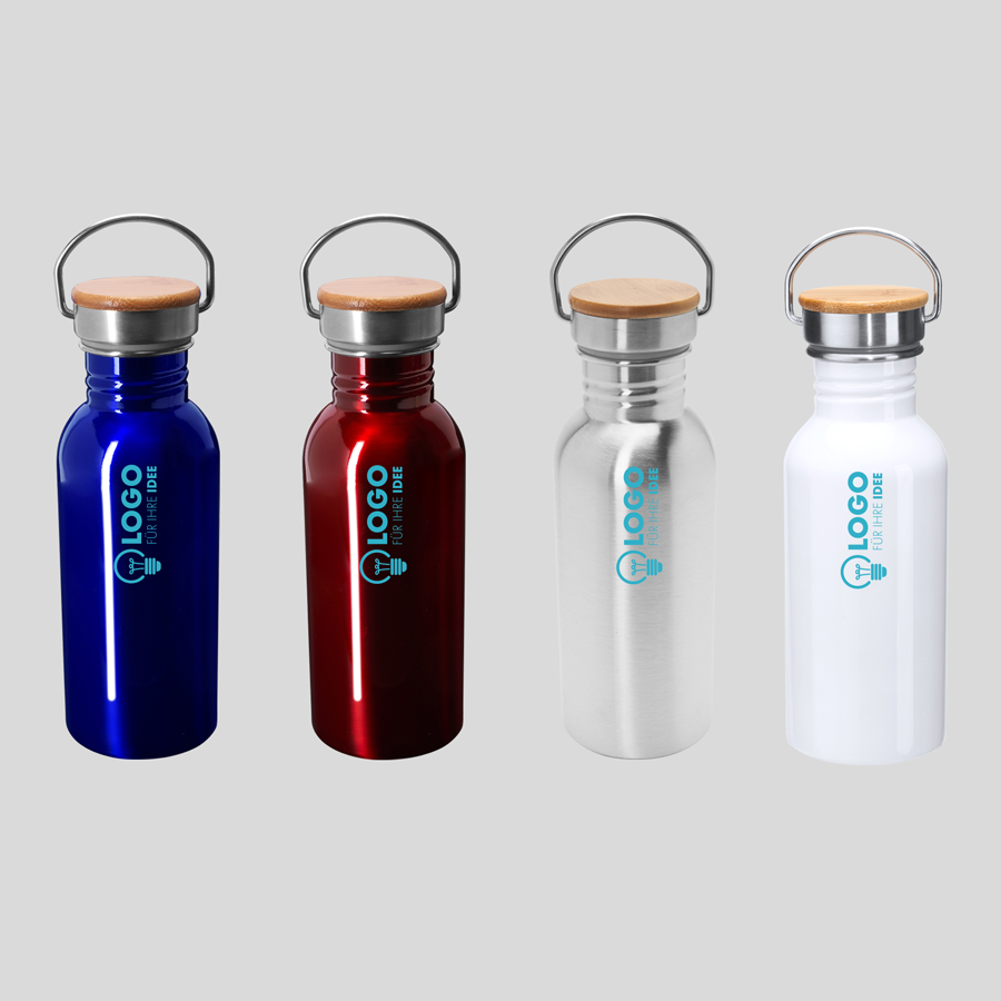 650-ml-Edelstahlflaschen mit Bügelgriff und Bambusdeckel in vier Farben