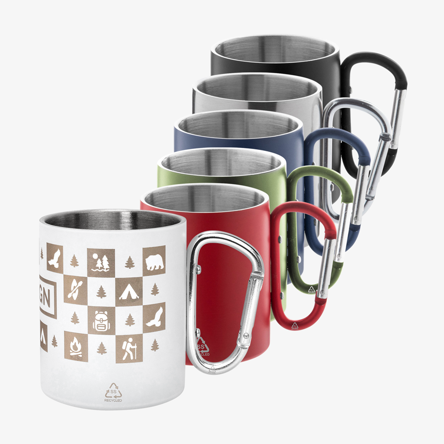 Edelstahltasse mit Karabinerhaken und individueller Rundumgravur, erhältlich in vielen Farben
