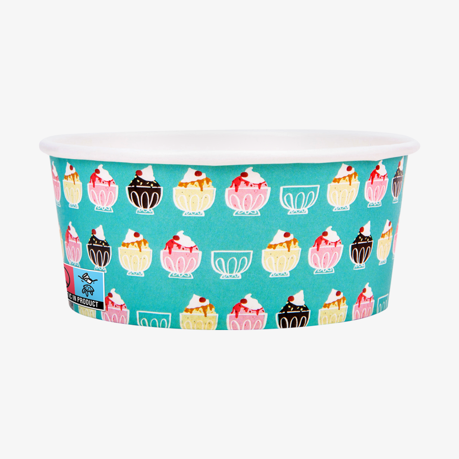 Bedruckter 300-ml-Eisbecher aus Hartkarton mit PE-Beschichtung innen, mit SUPD-Kennzeichnung
