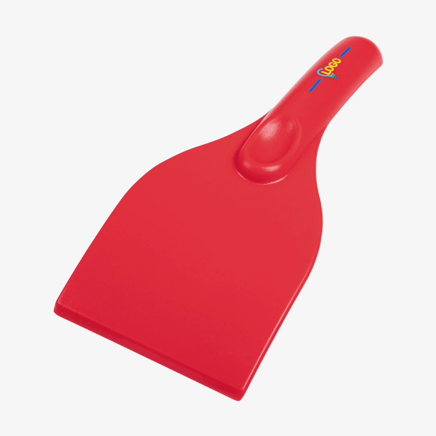 Roter Eiskratzer aus recyceltem Kunststoff, individueller Druck auf dem Griff