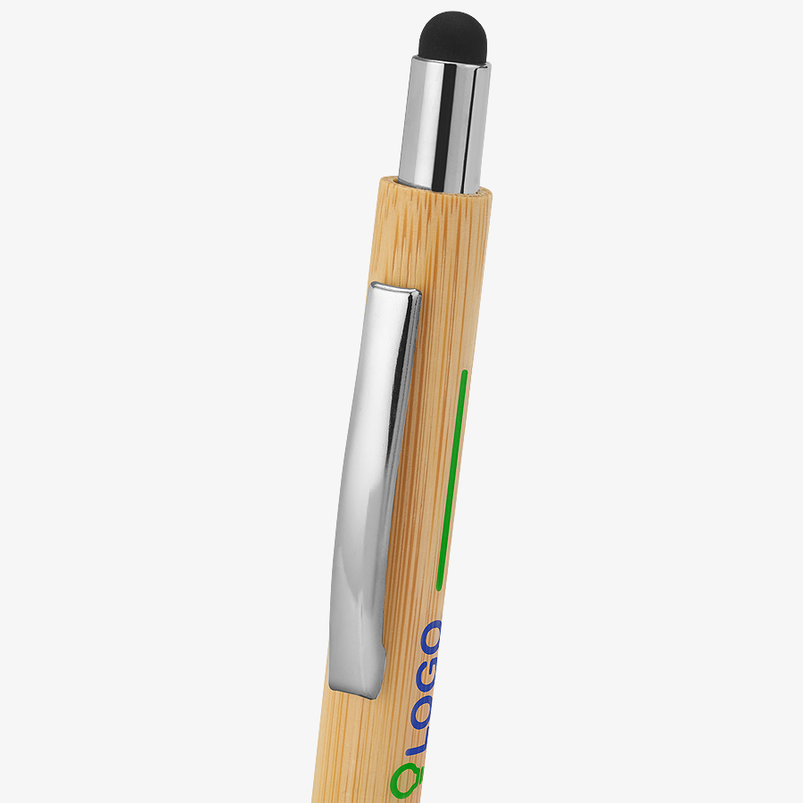 Detailansicht eines Bambus-Kugelschreiber mit Touchpen und individuellem zweifarbigem Tampondruck