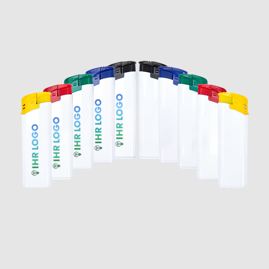 Viele Elektro-Feuerzeuge mit farbiger Kappe in unterschiedlichen Farben, 4/0-farbig bedruckt