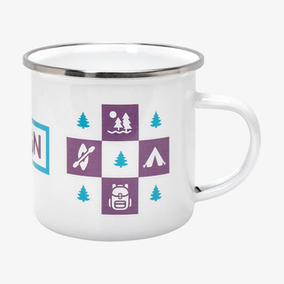 Emaille-Tasse im Vintage-Stil mit 300 ml Fassungsvermögen, zweifarbig bedruckt mittels Keramikdruck