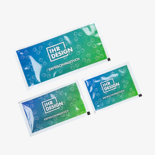 Erfrischungstücher mit individuell bedrucktem Sachet in drei verschiedenen Größen