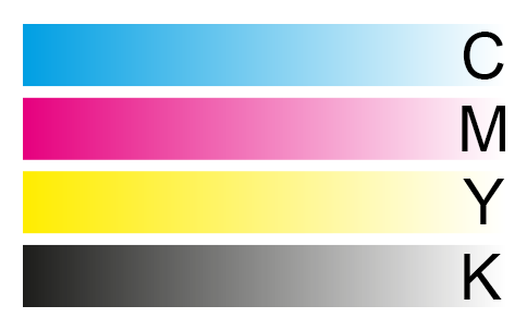 Die vier Druckfarben Cyan, Magenta, Yellow und Key der Euroskala je als Zeile mit Verlauf dargestellt