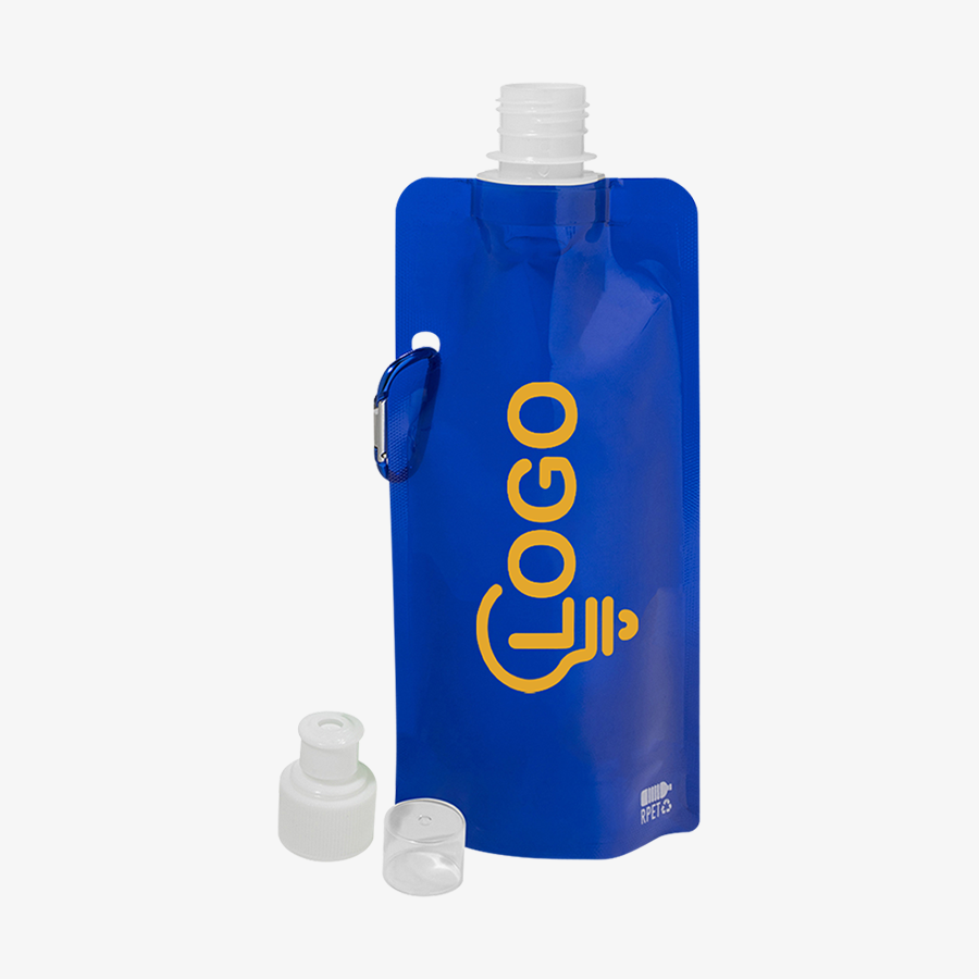 Faltbare blaue 500-ml-Sportflasche aus RPET mit einfarbigem Druck in stehender Ansicht