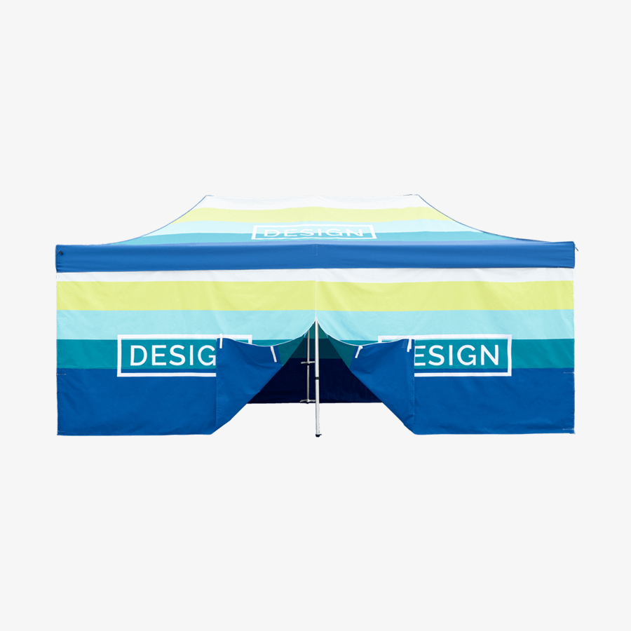 3 x 6 m großer Faltpavillon mit beidseitig individuell bedruckten Seitenwänden und bedrucktem Dach