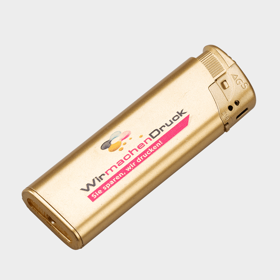Goldfarbenes Elektro-Feuerzeug von TOM in Metallic-Optik mit erstklassigem Druck