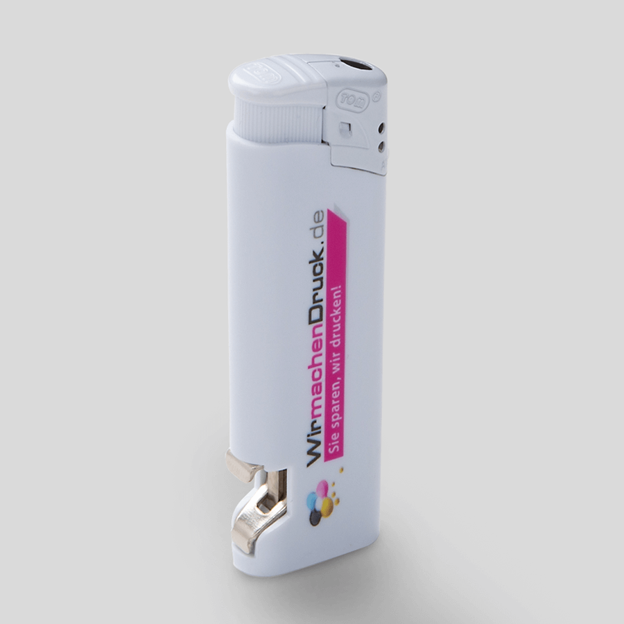 Weißes Elektro-Feuerzeug mit Flaschenöffner und vollfarbigem Druck