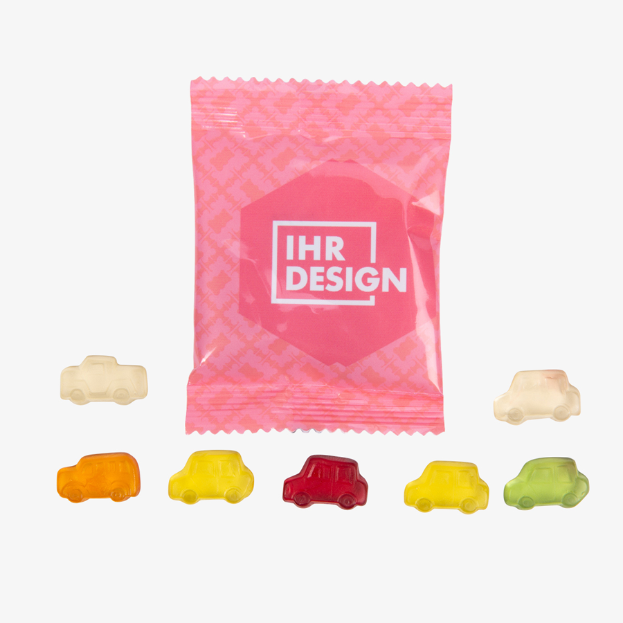 Individuell bedrucktes Tütchen mit köstlichen Fruchtgummi-Nostalgie-Cars