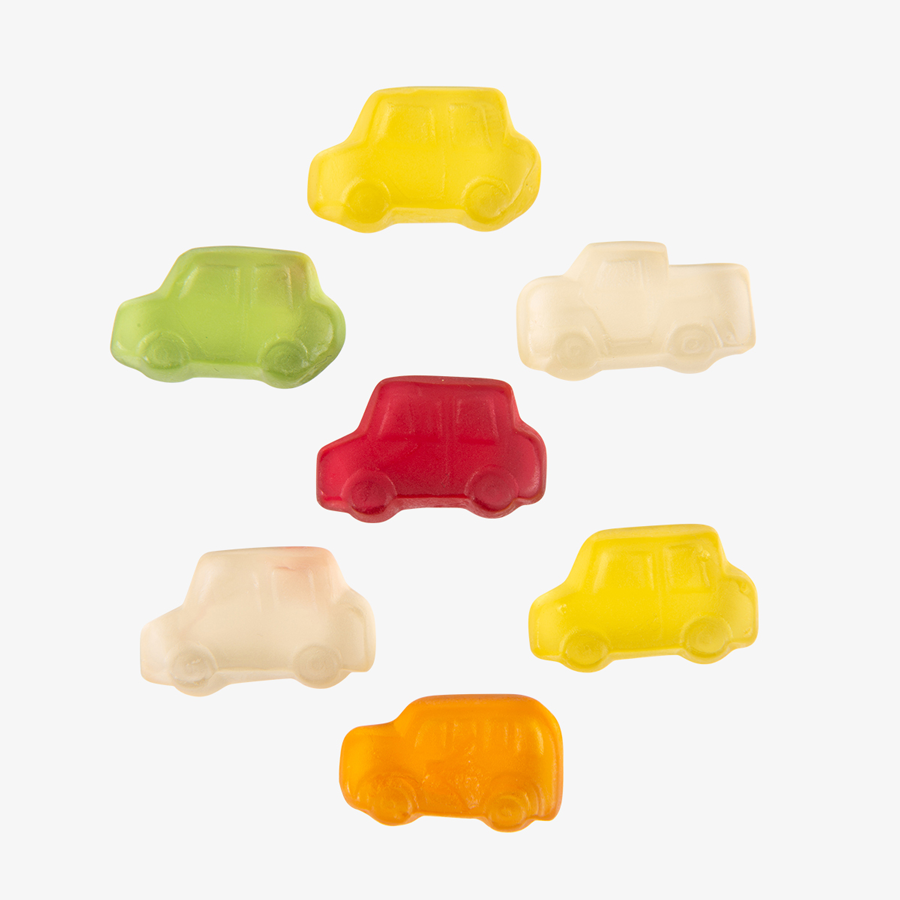 Süße Fruchtgummi-Nostalgie-Cars, geschmacklich und farblich gemischt